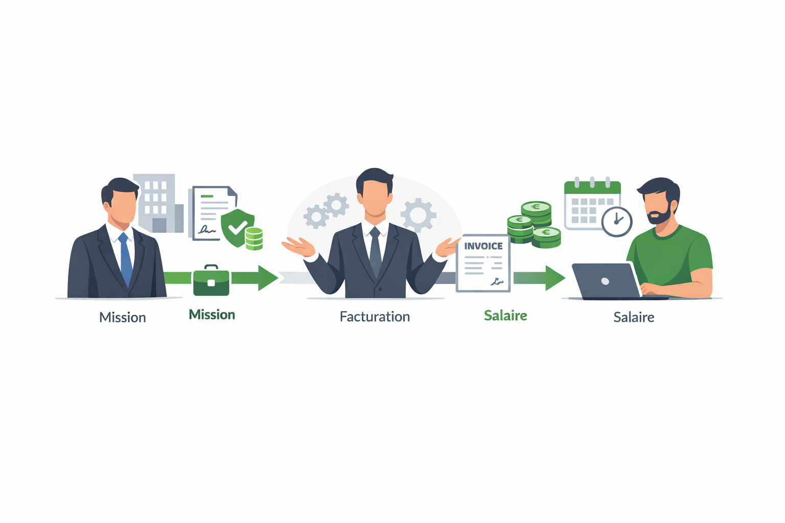 Illustration du portage salarial montrant la relation entre une entreprise cliente, une société de portage et un consultant porté, avec le processus mission, facturation et salaire.